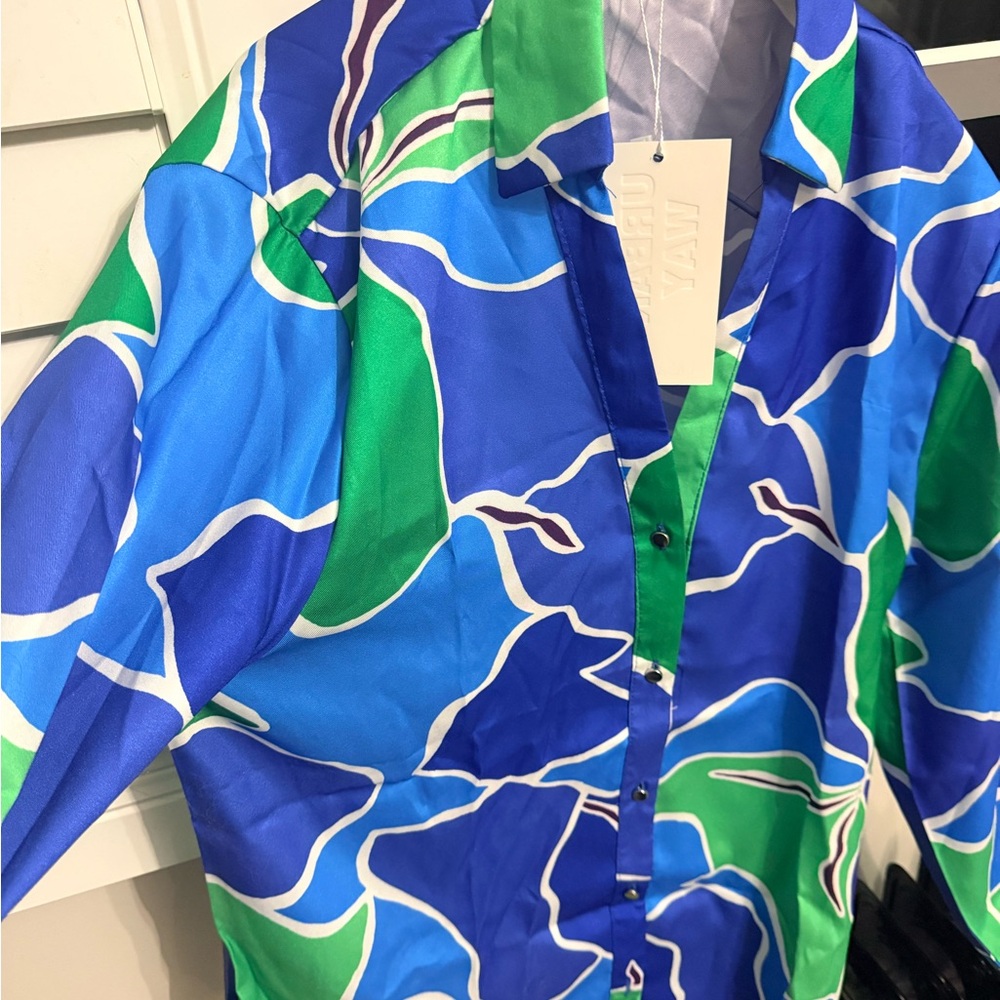 Vibrant Blue and Green Abstract Satin Shirt